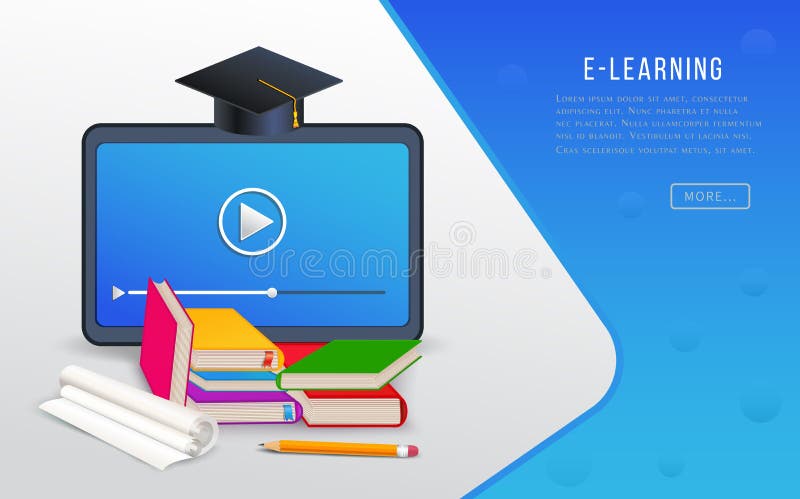 Online education, e-learning, college research, training courses concept with tablet, books, textbooks and graduation cap. stock illustration Online education, e-learning, college research, training courses concept with tablet, books, textbooks and graduation cap. stock illustration
