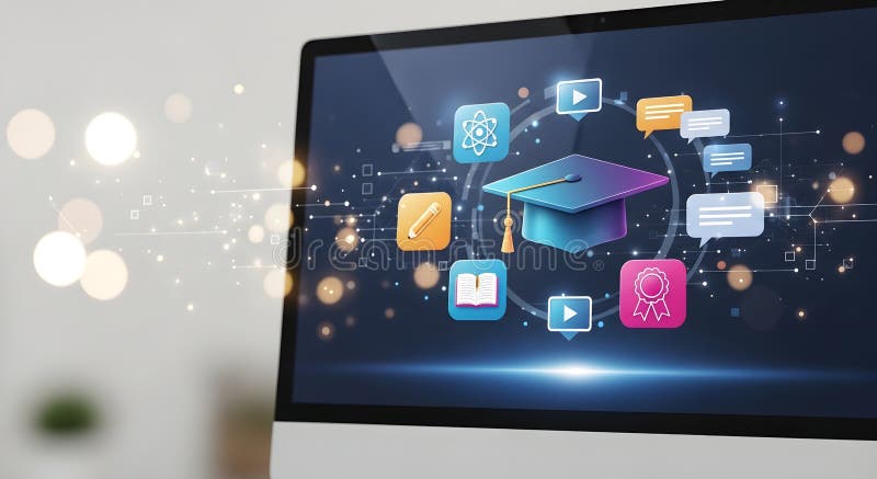Online education and e-learning platform with digital graduation cap and various icons on computer screen stock illustration