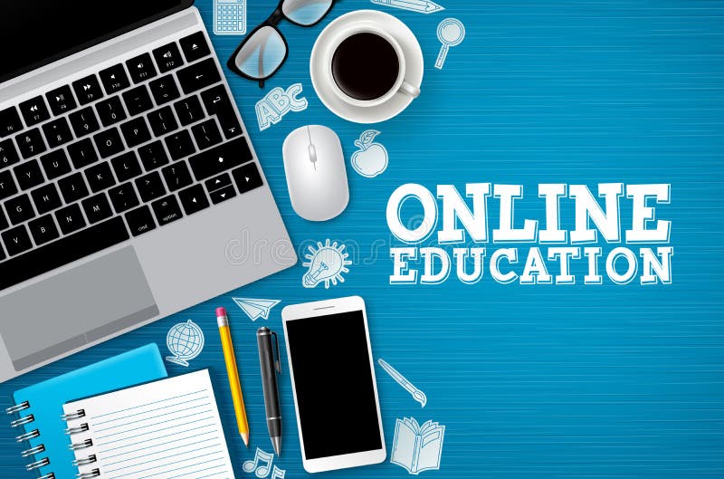Online education e-learning vector banner. E-learning online education text with school and digital devices stock illustration