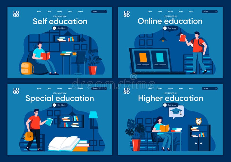 Online education flat landing pages set. Distance learning program in university, students study scenes for website or vector illustration Online education flat landing pages set. Distance learning program in university, students study scenes for website or vector illustration