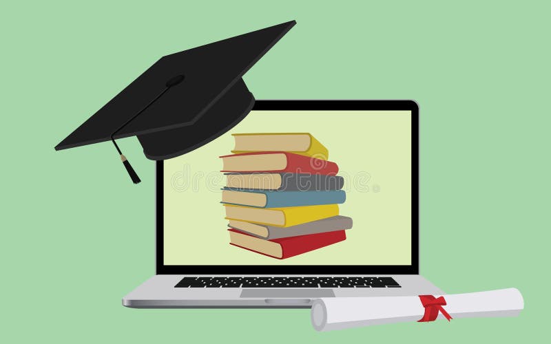 Online education graduate graduation cap laptop notebook and book stack royalty free illustration