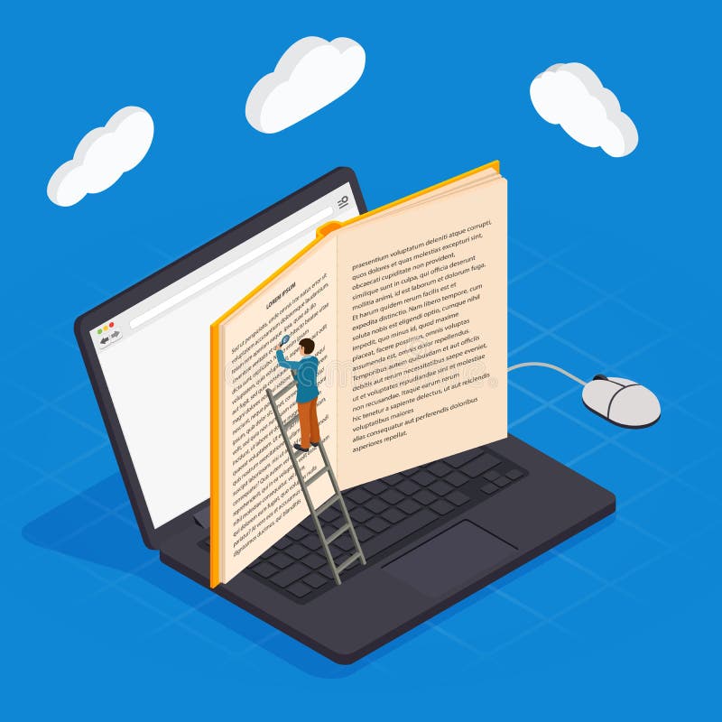 Online education isometric icons composition with laptop book smartphone electronic library and cloud computing vector illustration