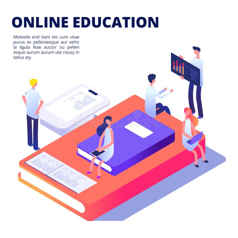 Online education isometric vector concept with books, students stock illustration Online education isometric vector concept with books, students stock illustration