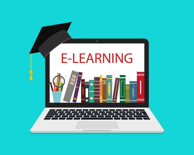 Online Education in Laptop. School Library in Laptop. Online Tutorial of University. Book on