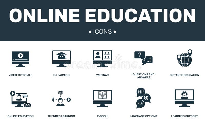 Online Education set icons collection. Includes simple elements such as E-learning, Webinar, E-book, Blended learning premium