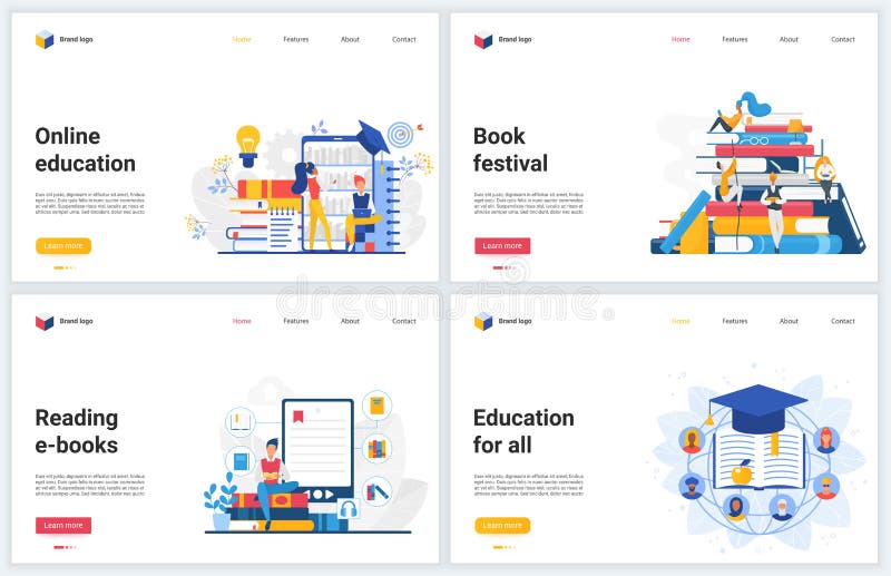 Online education technology vector illustrations, banners with flat cartoon educational mobile services for reading royalty free illustration