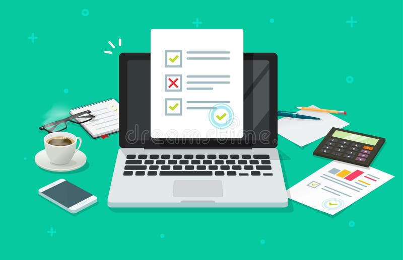 Online form survey on laptop vector illustration, working on computer quiz exam paper sheet document, on-line royalty free illustration