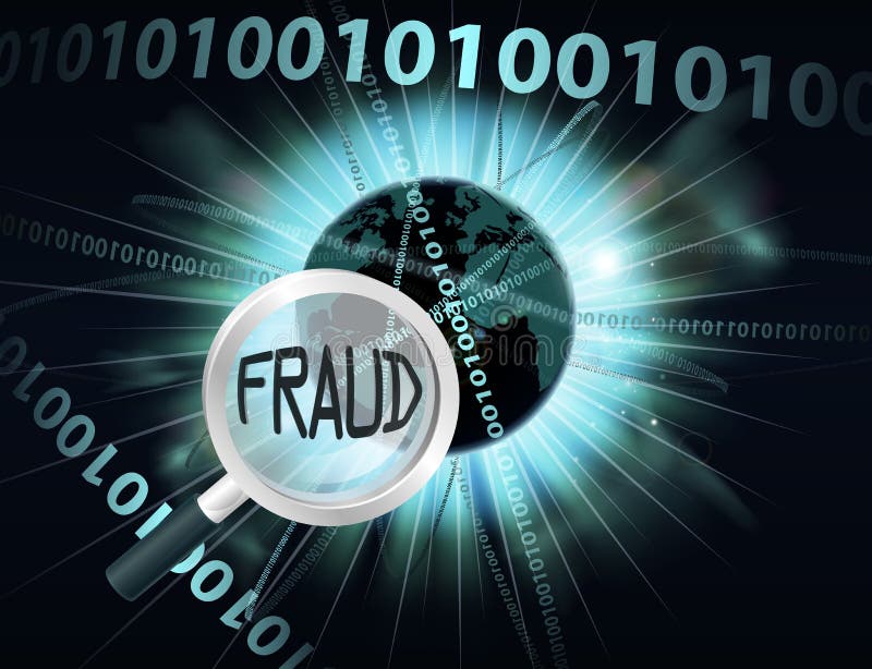 Online Fraud concept. An abstract concept binary computer information data globe being searched with a magnifying glass for internet fraud vector illustration Online Fraud concept. An abstract concept binary computer information data globe being searched with a magnifying glass for internet fraud vector illustration
