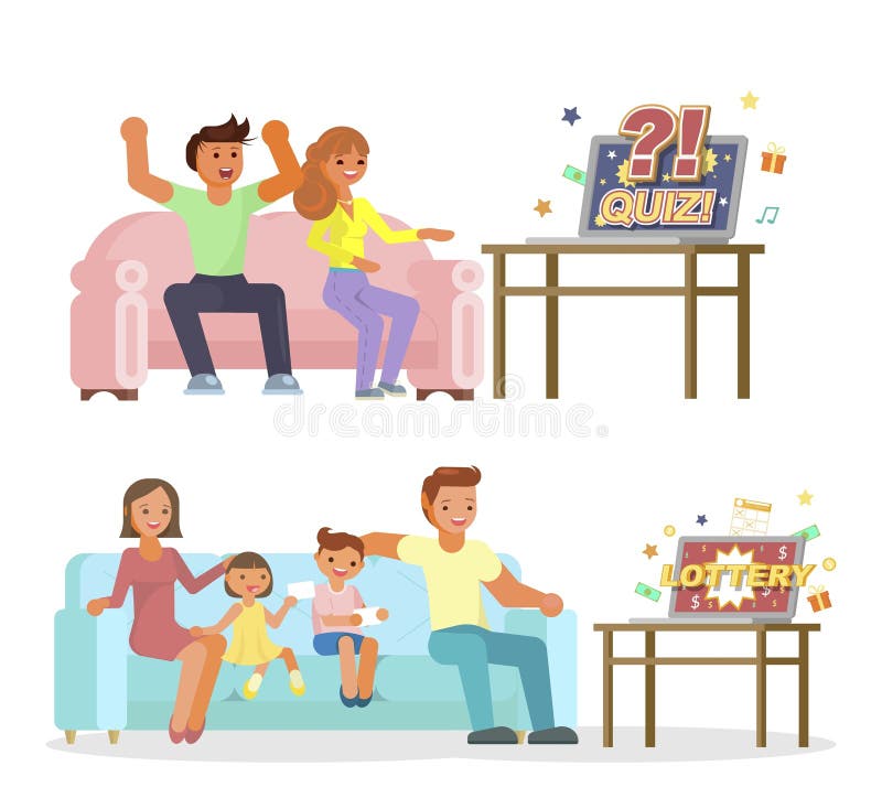 Happy couple, family playing quiz and lottery games online at home sitting on sofa, vector flat illustration. Online gambling and learning game show. Happy couple, family playing quiz and lottery games online at home sitting on sofa, vector flat illustration. Online gambling and learning game show