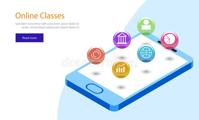 Online het malplaatjeontwerp van het Klassenweb, isometrische smartphone met mu vector illustratie Online het malplaatjeontwerp van het Klassenweb, isometrische smartphone met mu vector illustratie