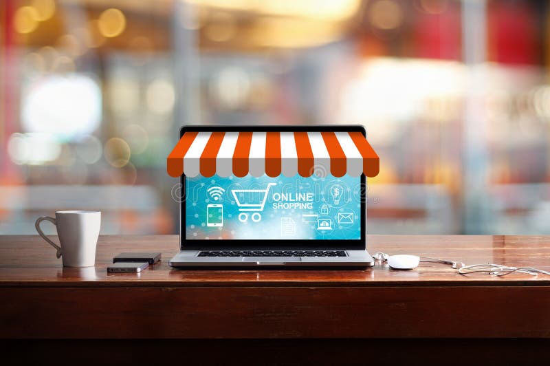 Online het winkelen concept De open laptop opslag met pictogram koopt, betaling