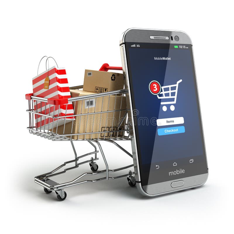 Online Het Winkelen Concept Mobiele of Smartphone Met Kar Stock - of prijs, markt: 60305985