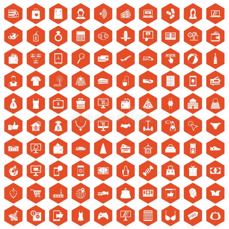 100 online shopping icons set in orange hexagon isolated vector illustration. 100 online shopping icons set in orange hexagon isolated vector illustration