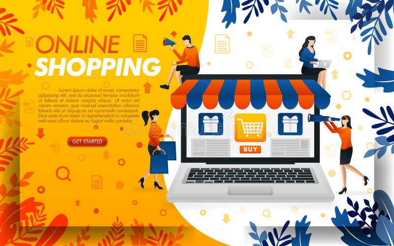 Online het winkelen websiteontwerp de mensen winkelen online met laptops, concepten vectorilustration kan gebruiken voor, landing royalty-vrije illustratie Online het winkelen websiteontwerp de mensen winkelen online met laptops, concepten vectorilustration kan gebruiken voor, landing royalty-vrije illustratie