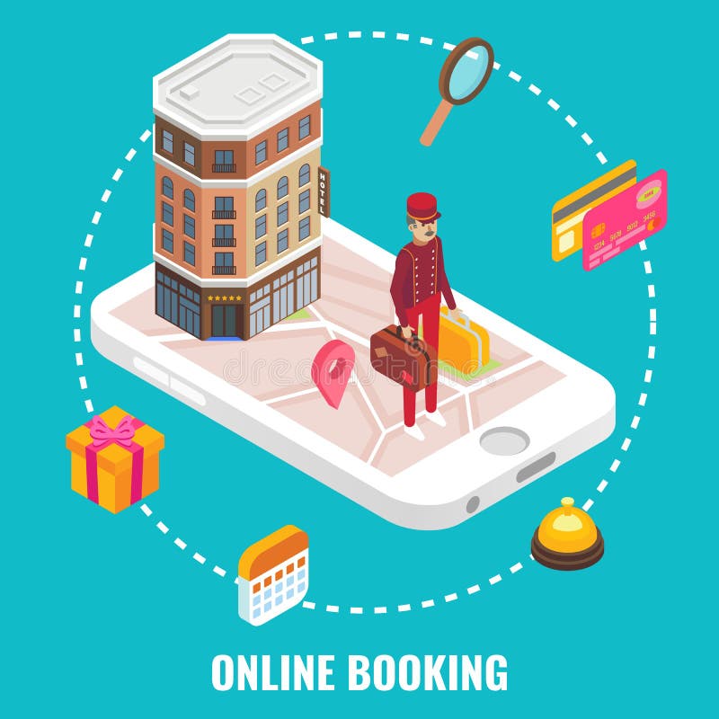 Online Hotel Booking Concept Vector Flat Isometric Illustration. Stock ...