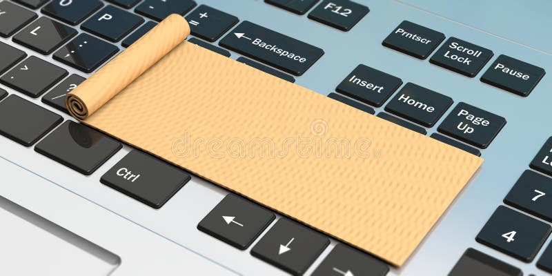 Online yoga classes. Exercise mat on computer keyboard, copy space. 3d illustration. Online yoga classes. Exercise mat on computer keyboard, copy space. 3d illustration