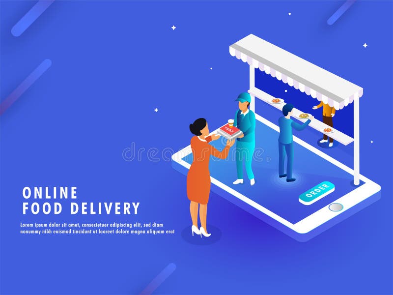 Online Karmowy Doręczeniowy pojęcie, isometric widok sklep lub restau, royalty ilustracja Online Karmowy Doręczeniowy pojęcie, isometric widok sklep lub restau, royalty ilustracja