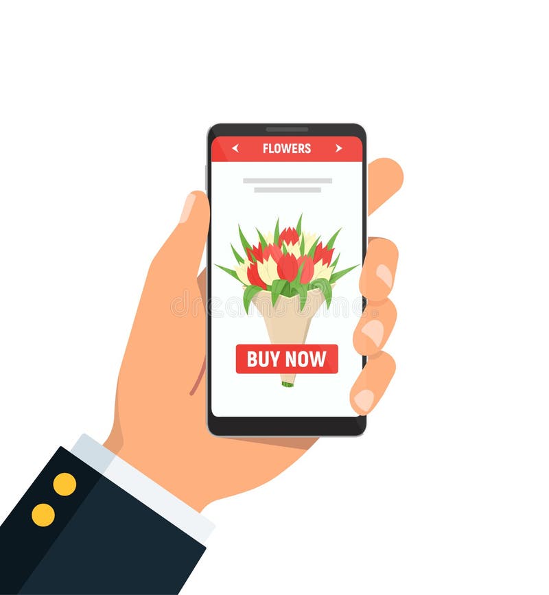 Online kwiat dostawa Osoba chwyty dzwonią z bukietem tulipany na ekranie Wektorowa ilustracja w mieszkanie stylu ilustracja wektor Online kwiat dostawa Osoba chwyty dzwonią z bukietem tulipany na ekranie Wektorowa ilustracja w mieszkanie stylu ilustracja wektor