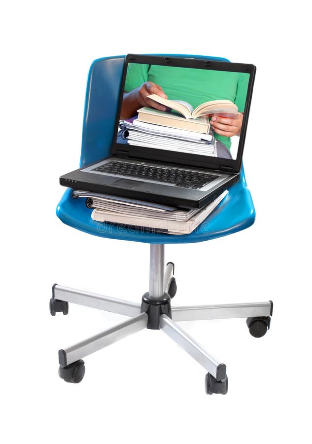 Textbooks, notebooks and computer laptop on blue swivel chair with image of seated student holding books showing online schooling. Textbooks, notebooks and computer laptop on blue swivel chair with image of seated student holding books showing online schooling