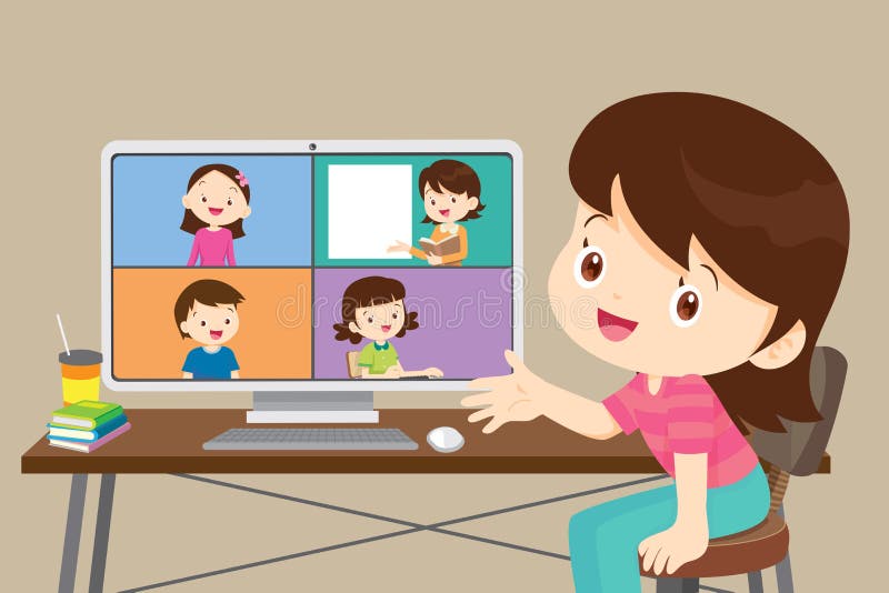 Online learning children girl using computer vector illustration