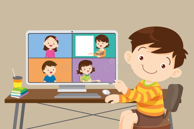 Online learning children using computer stock illustration.