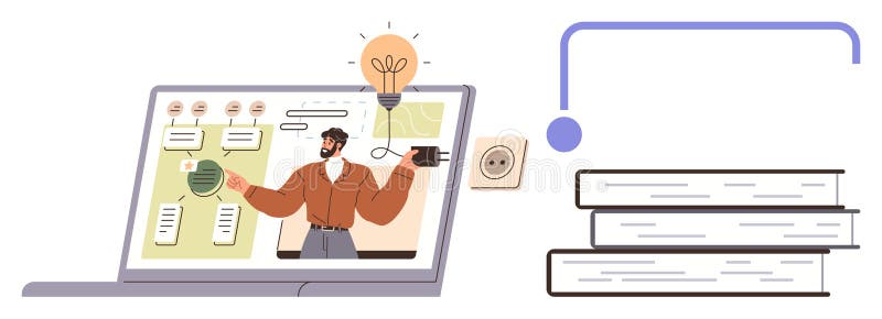Online Learning and Innovation with Presentation Displayed on a Laptop Next to Stacked Books vector illustration