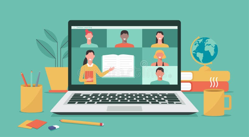 Online leraar onderwijst studenten op het scherm van laptop afstandsonderwijs