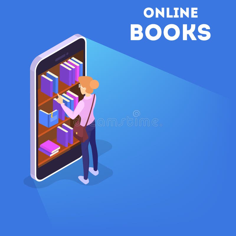 Online library concept. Using mobile phone and computer stock illustration Online library concept. Using mobile phone and computer stock illustration