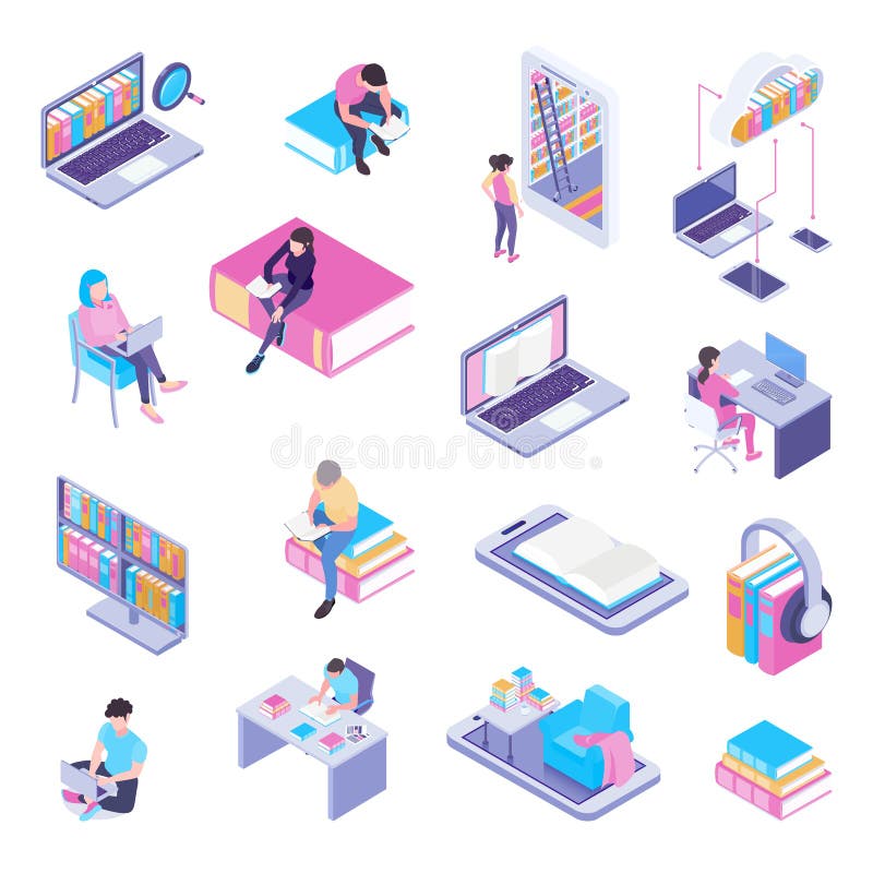 Online Library Isometric Set royalty free illustration