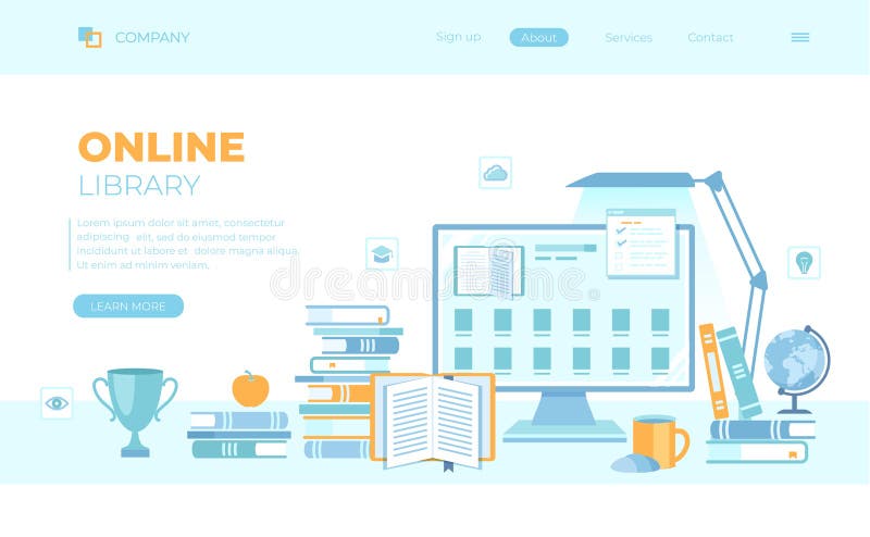 Online Library Reading E-learning Shop Monitor with electronic open book, archive, ebook list, stack of books, table lamp.