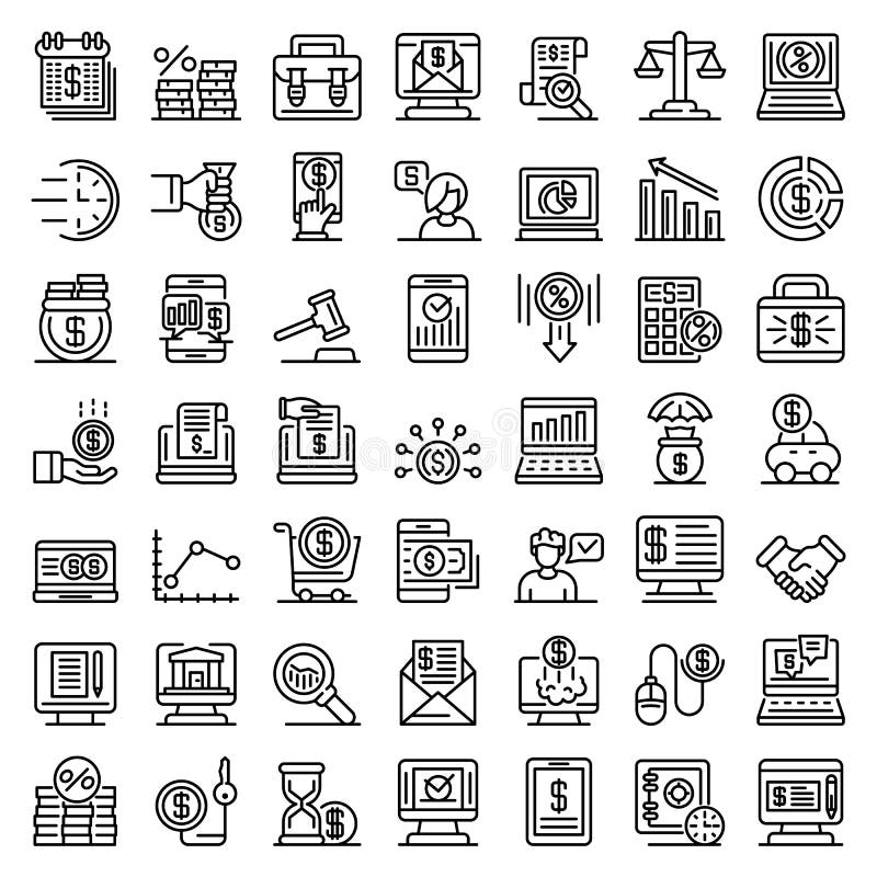 Online loan icons set, outline style stock illustration