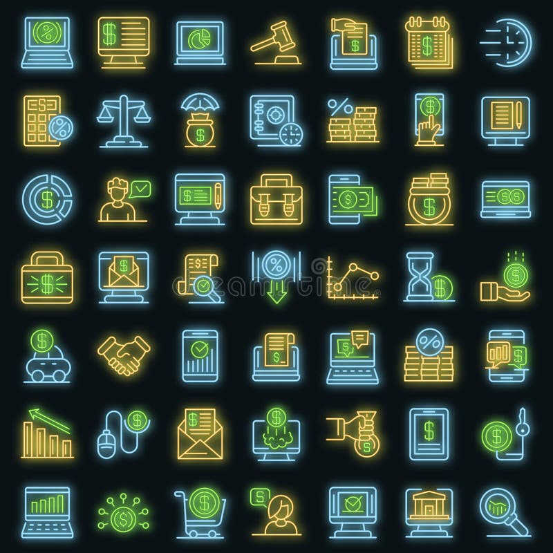 Online loan icons set vector neon vector illustration