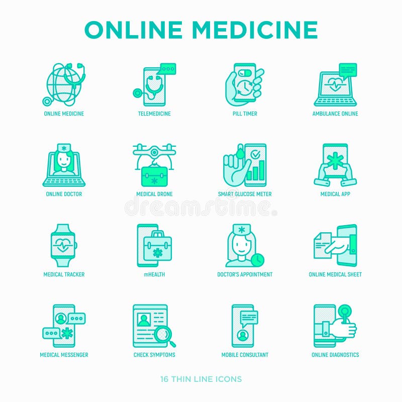 Online medycyna, telemedicine cienkie kreskowe ikony ustawiać: pigułka zegar, ambulansowy online, medyczny truteń, medyczny tropi ilustracji