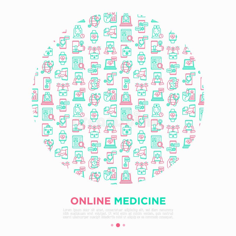 Online medycyna, telemedicine pojęcie w okręgu z cienkimi kreskowymi ikonami: pigułka zegar, ambulansowy online, medyczny truteń royalty ilustracja