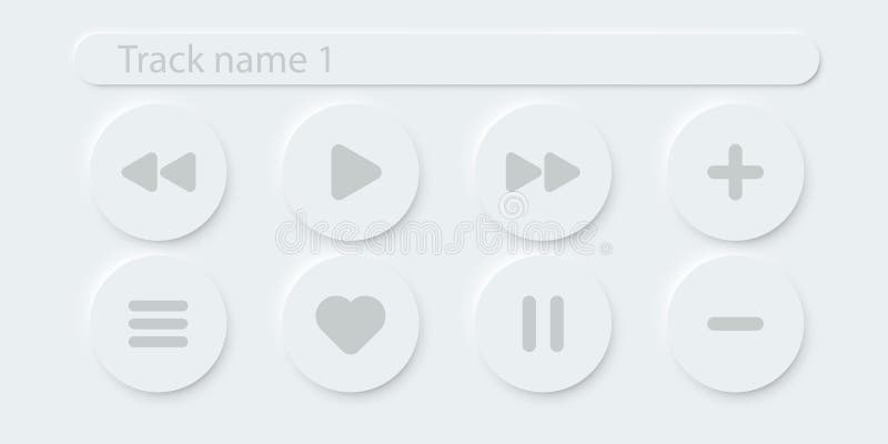 Online music player vector buttons. 3d modern design ui play stop button. Neomorphism graphic interface isolated button set. Video royalty free illustration