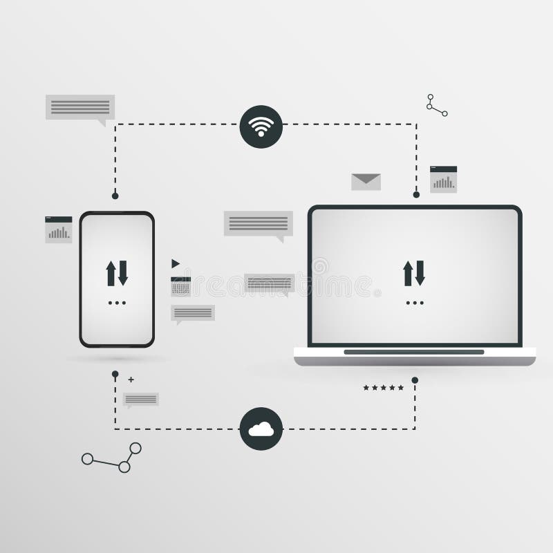 Laptop And Mobile Phone Exchanging Data Online, Abstract Scheme, Square stock illustration