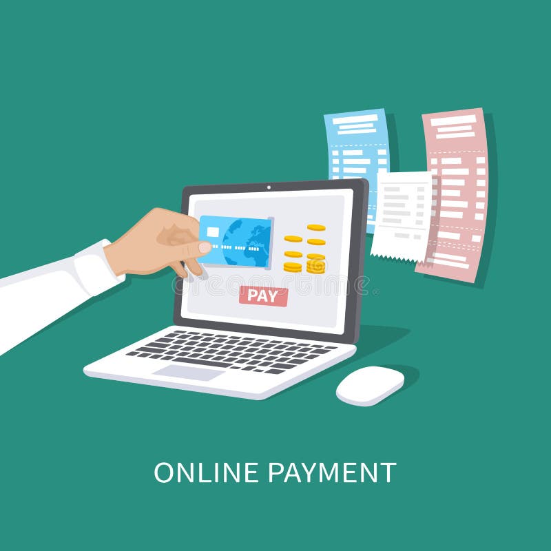 Online payment concept. Payment of bills, checks, online shopping via mobile app. E-commerce, electronic business. vector illustration