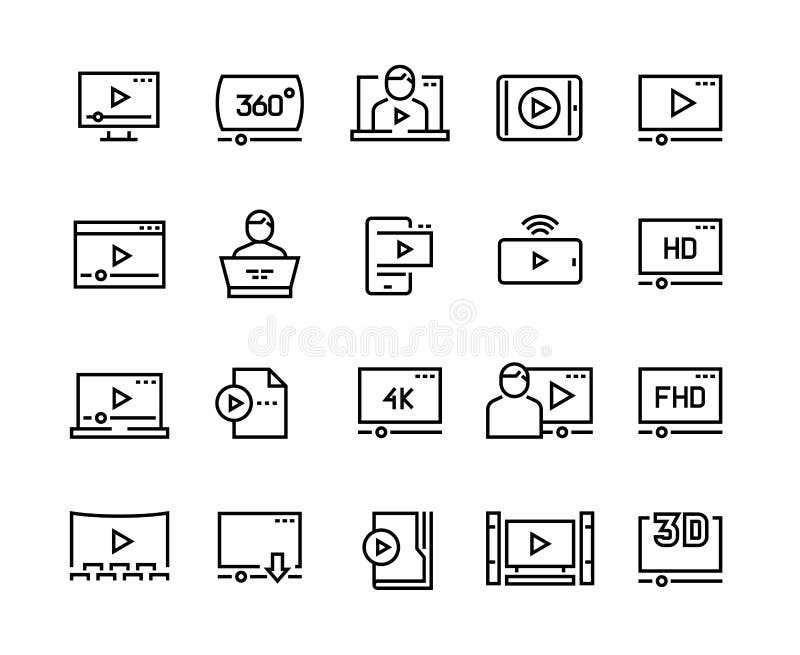 Online player line icons. Video streaming online tutorial digital presentation podcast screen, online video player vector illustration
