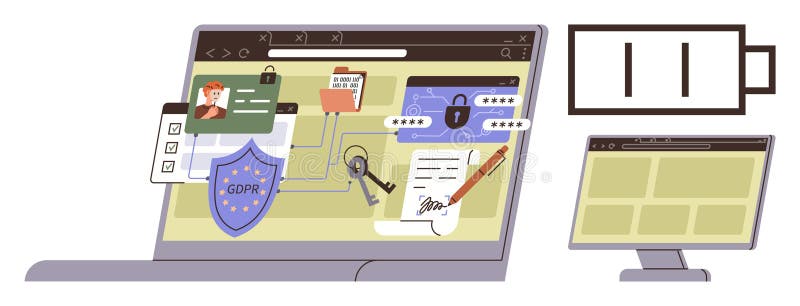Laptop browser with privacy tools, GDPR, lock, shield, user ID, signature, and monitor. Ideal for online safety, compliance cybersecurity encryption authentication legal consent digital trust. User consent illustrations