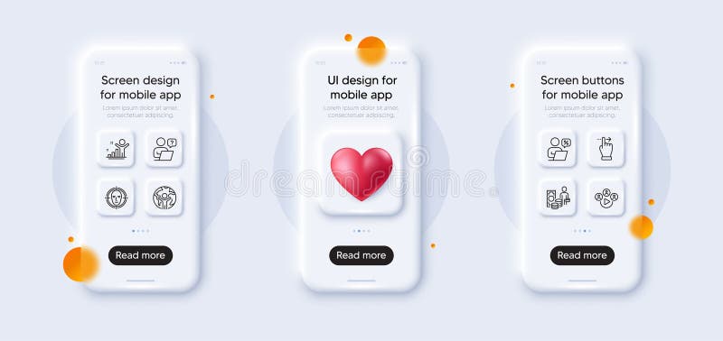 Online question, Winner and Face detect line icons pack. For web app. 3d phone mockups. Vector vector illustration