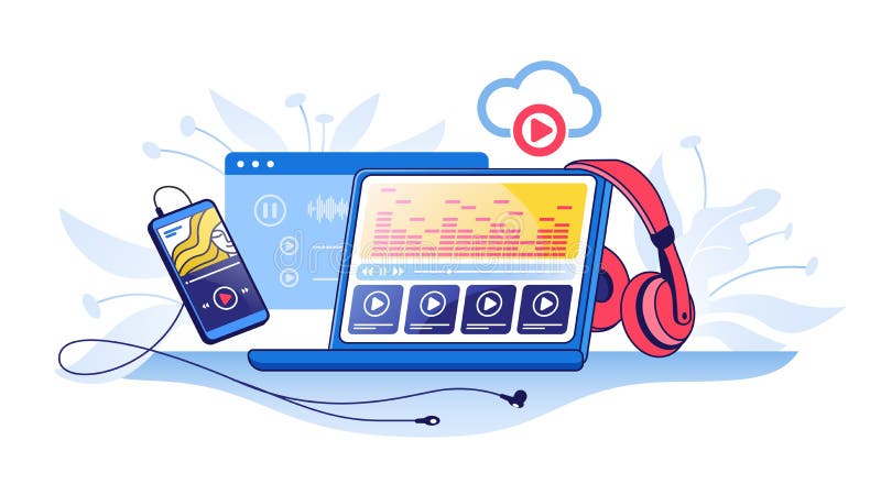 Online radio. Music streaming service concept with smartphone, headphones and music play list. Vector audio player and stock illustration