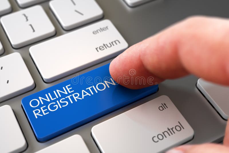 Online Registration Concept - Laptop Keyboard with Blue Button. 3D Illustration. Online Registration Concept - Laptop Keyboard with Blue Button. 3D Illustration.