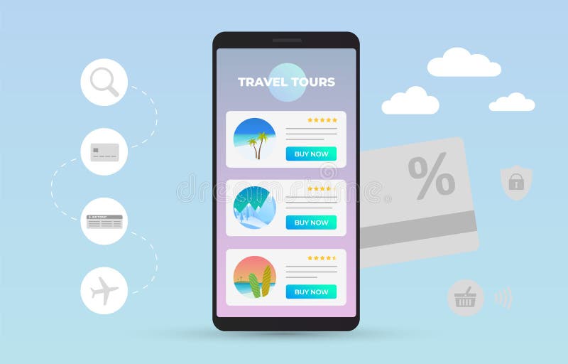 zitten uitlaat wedstrijd Online Reisbureau Aan Verkoopreizen. Mobiele Telefoon Met Open Site of App  Met Een Lijst Van De Zomervakantie Op De Overzeese Ocea Vector Illustratie  - Illustration of ontwerp, kleinhandels: 202135042
