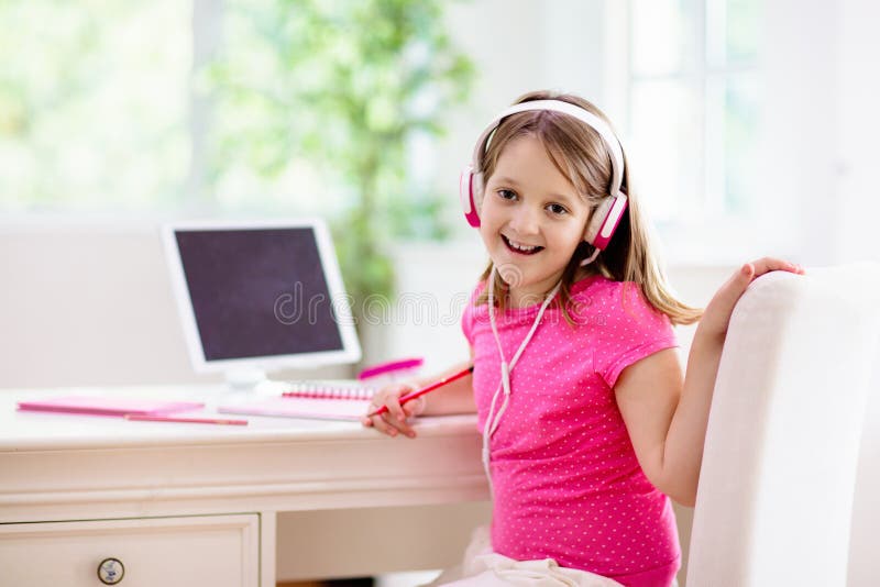 Online remote learning. School kids with computer royalty free stock photography