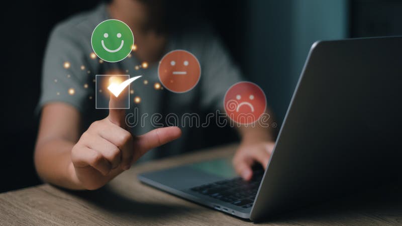 Online review tools, Customer review satisfaction feedback survey concept. finger of User touching check mark and face emoticon stock images