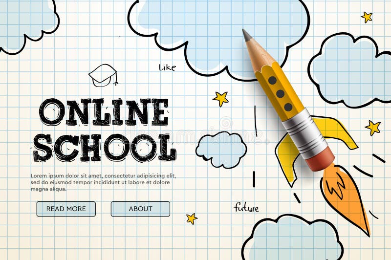 Online School. Digital internet tutorials and courses, online education, e-learning. Web banner template for website