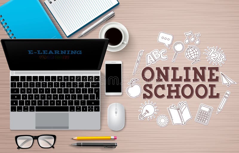 Online school e-learning vector banner. Online school text with computer elements like laptop royalty free illustration