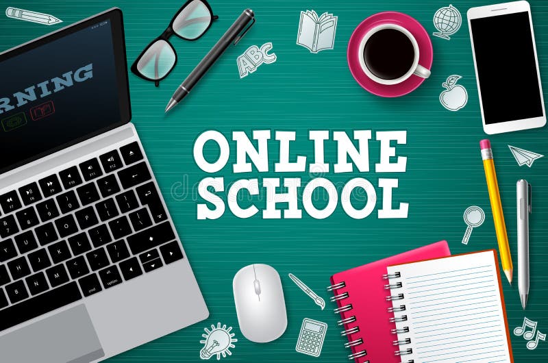 Online school e-learning vector banner. E-learning online school text with laptop computer vector illustration