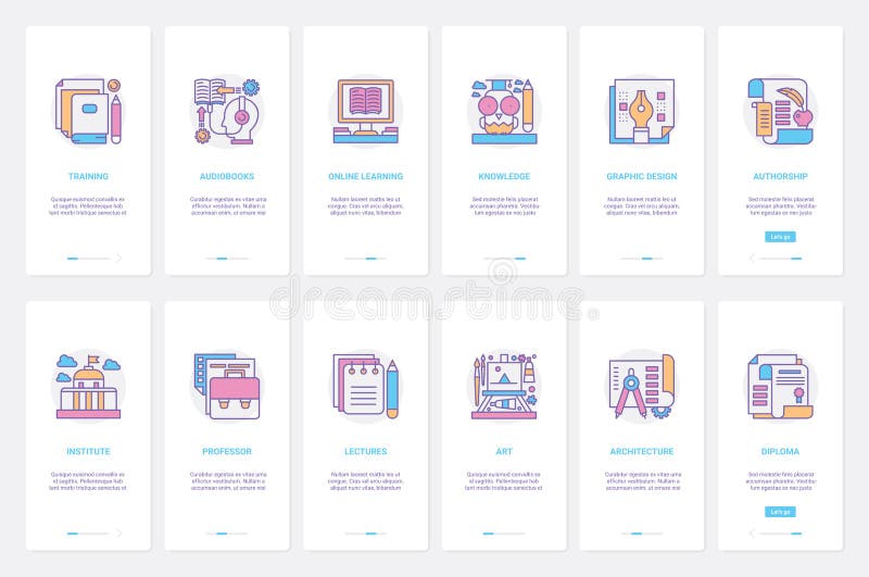 Online-Schulungsstudie Bildungstechnologie ux ui onboarding mobile app page screen set vektor abbildung
