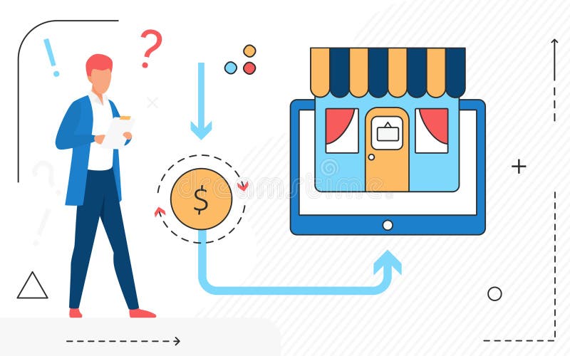 Online Shop App Technologie Mensch Charakter und mobile Ladenline Icons isoliert vektor abbildung
